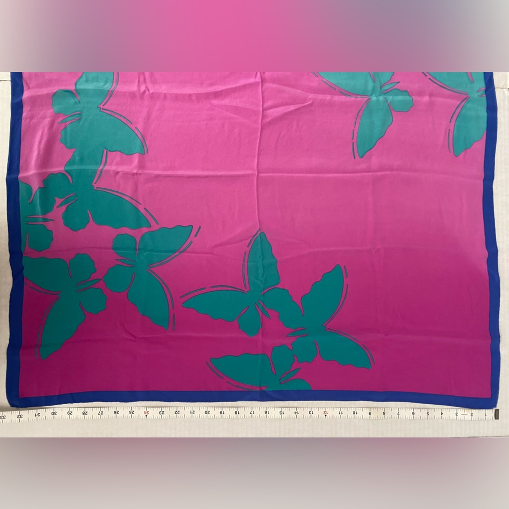 Maxim’s De Paris Silk Pink Ombré 33” Square Butterfly Scarf w/Blue Border - Picture 9 of 16